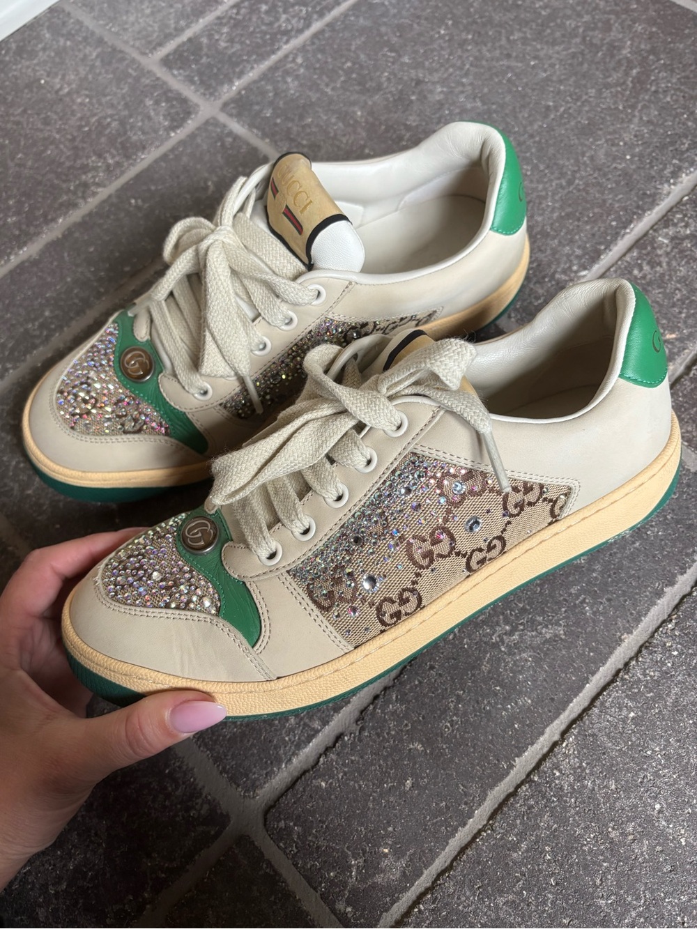 Gucci Beige & Green GG Crystal-Embellished Women's Sneakers